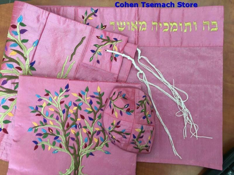 SET Tallit+kippa+bag Embroidered Silk 16"X70" Emanuel Women Tree of life Pink