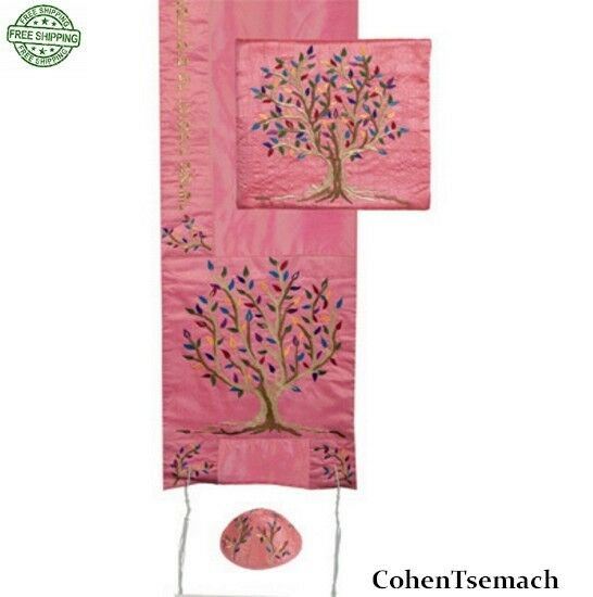 SET Tallit+kippa+bag Embroidered Silk 16"X70" Emanuel Women Tree of life Pink