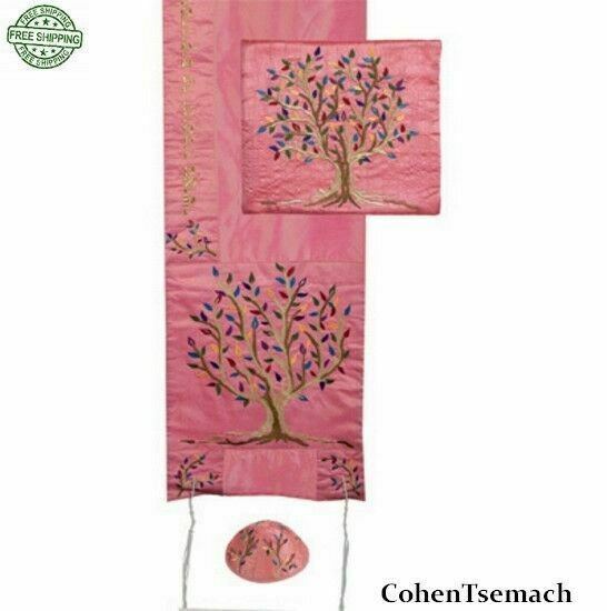 SET Tallit+kippa+bag Embroidered Silk 16"X70" Emanuel Women Tree of life Pink