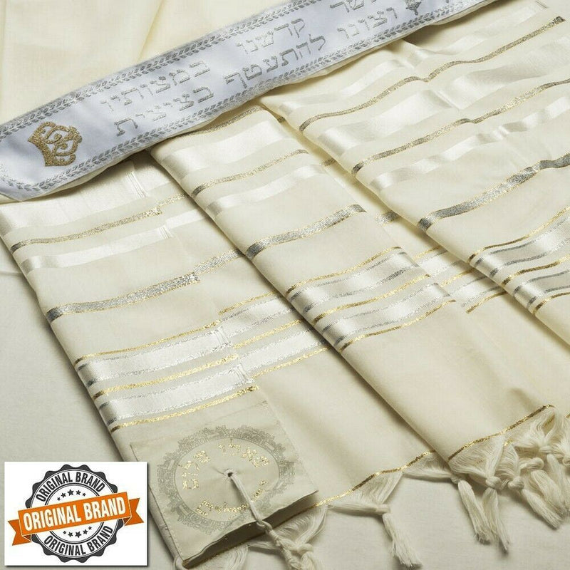 100% Wool Tallit Prayer Shawl in Gold silver Stripes Size 18" L X 72" W