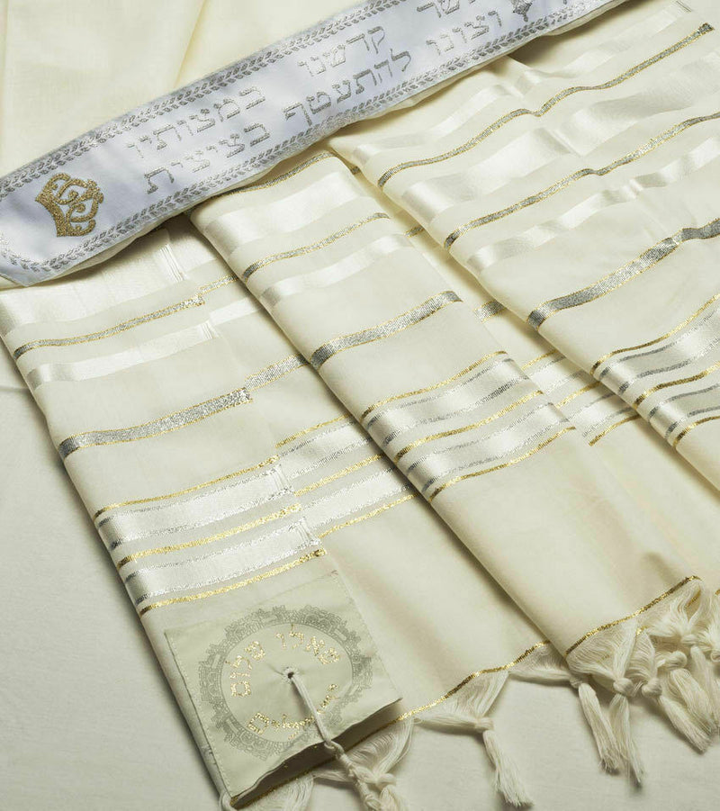 100% Wool Tallit Prayer Shawl in Gold silver Stripes Size 24" L X 72" W