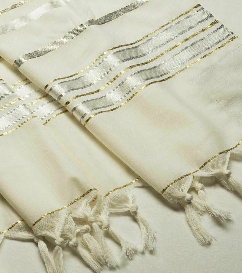 100% Wool Tallit Prayer Shawl in Gold silver Stripes Size 24" L X 72" W