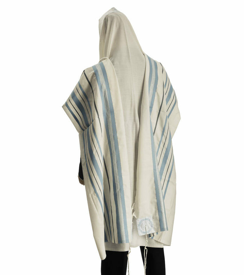 100% Wool Tallit Prayer Shawl in Light blue silver Stripes Size 55" L X 75" W