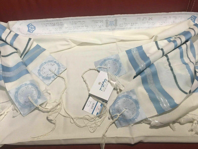 100% Wool Tallit Prayer Shawl in Light blue silver Stripes Size 55" L X 75" W