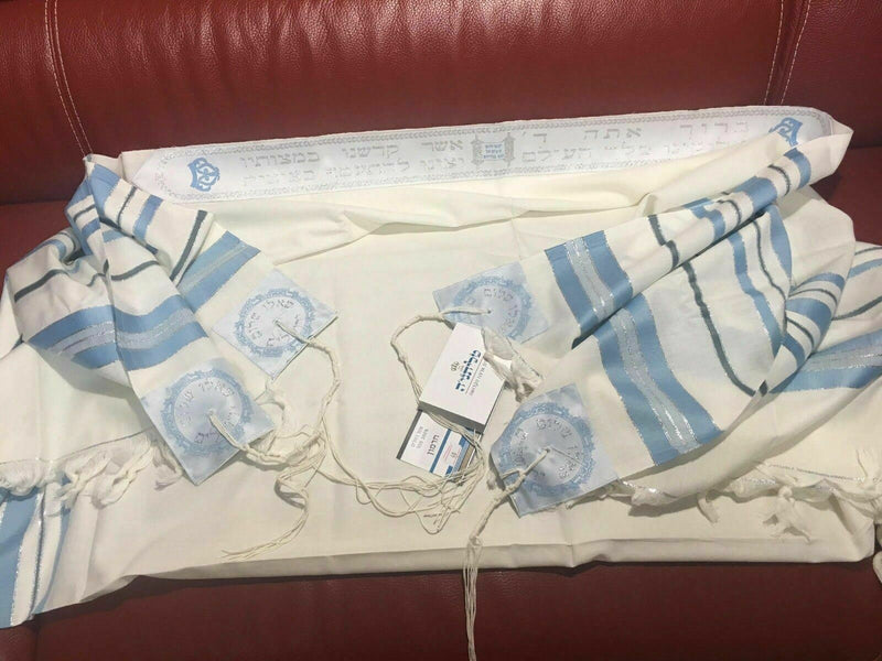 100% Wool Tallit Prayer Shawl in Light blue silver Stripes Size 55" L X 75" W