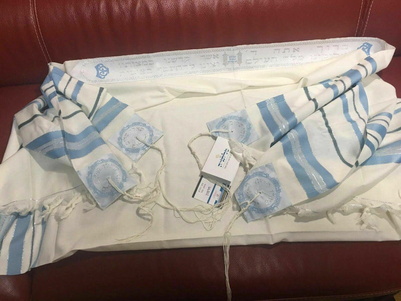 100% Wool Tallit Prayer Shawl in Light blue silver Stripes Size 55" L X 75" W