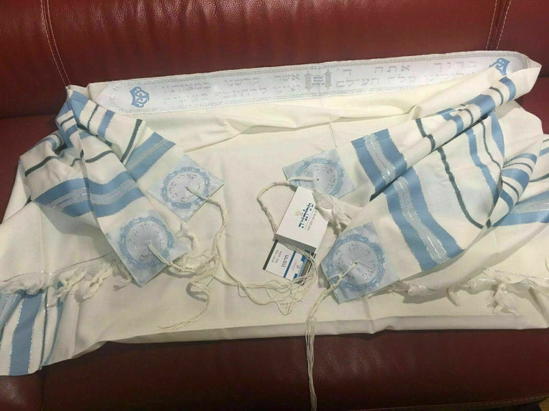 100% Wool Tallit Prayer Shawl in Light blue silver Stripes Size 18" L X 72" W