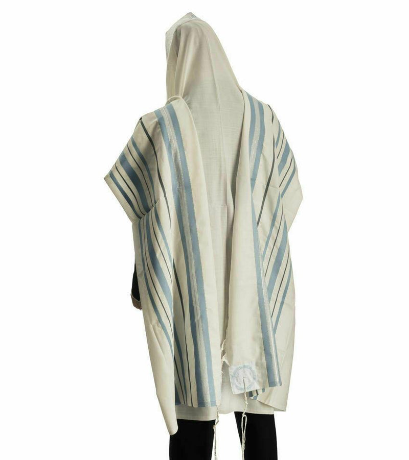 100% Wool Tallit Prayer Shawl in Light blue silver Stripes Size 18" L X 72" W