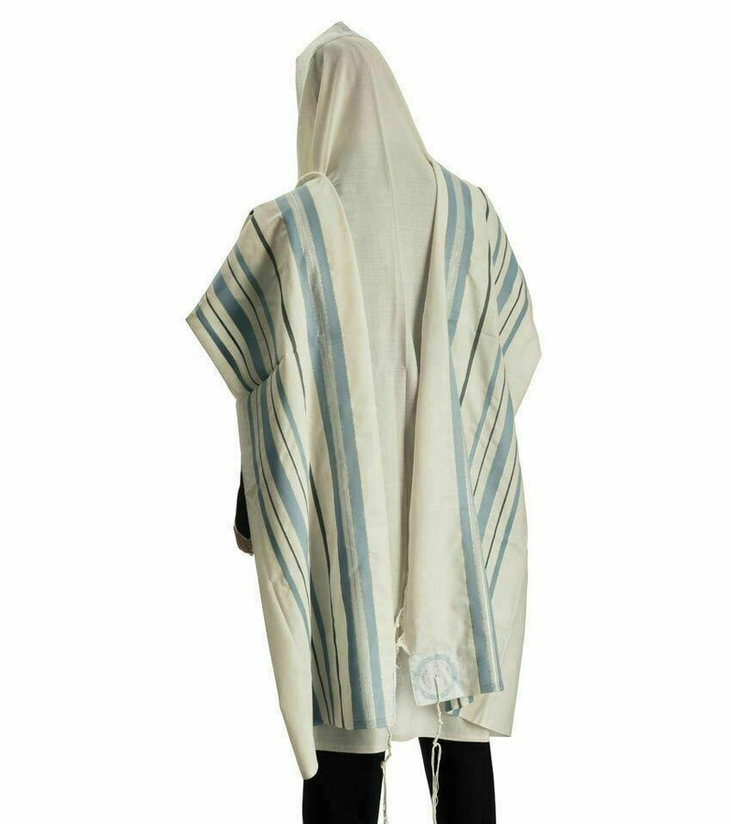 100% Wool Tallit Prayer Shawl in Light blue silver Stripes Size 18" L X 72" W