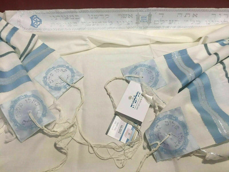 100% Wool Tallit Prayer Shawl in Light blue silver Stripes Size 18" L X 72" W