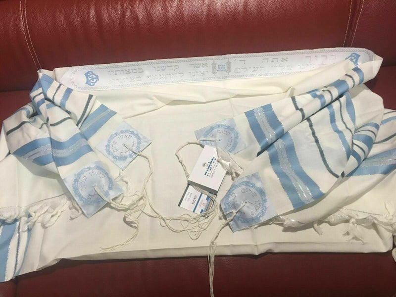 100% Wool Tallit Prayer Shawl in Light blue silver Stripes Size 18" L X 72" W