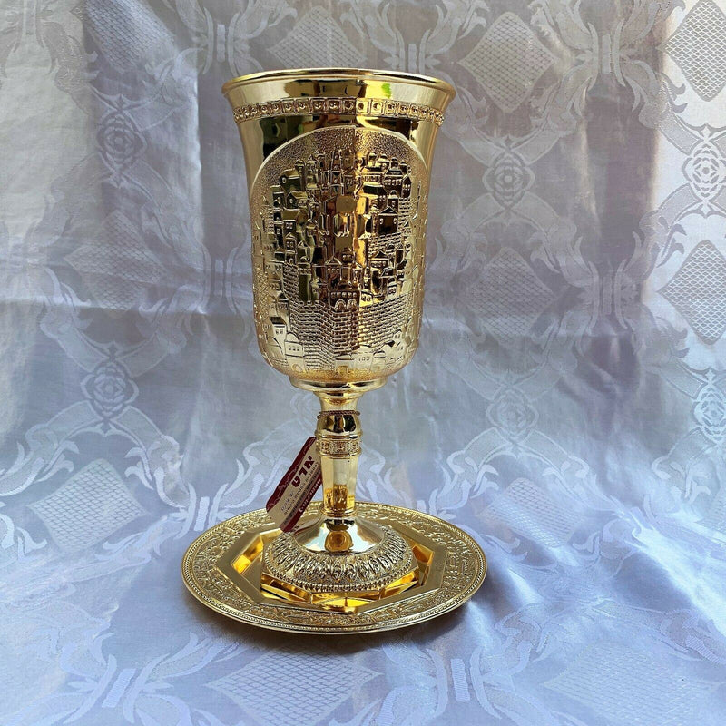 SALE Gold Plated Jerusalem Elijah's Cup with Saucer KIDDUSH CUP