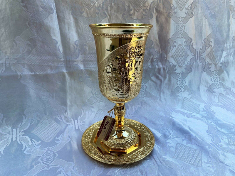 SALE Gold Plated Jerusalem Elijah's Cup with Saucer KIDDUSH CUP