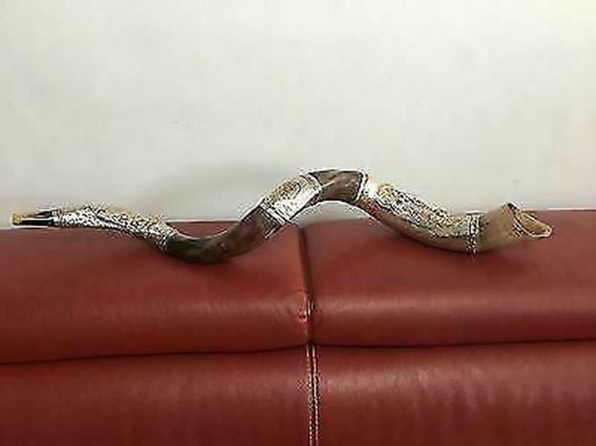 Sale 40" sterling silver plated yemenite kudu horn shofar Lion of judah