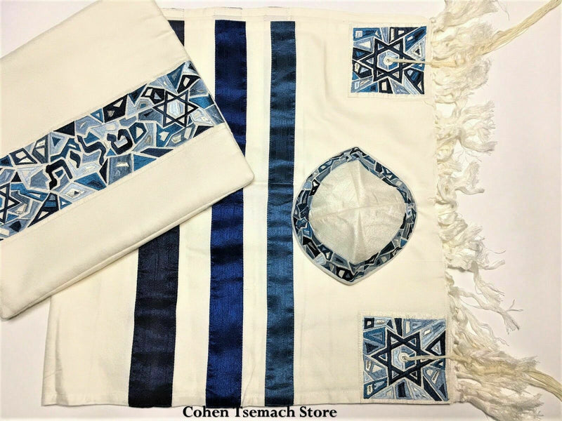 Yair Emanuel Blue Embroidered Star of David Cotton Tallit with Kippah +BAG