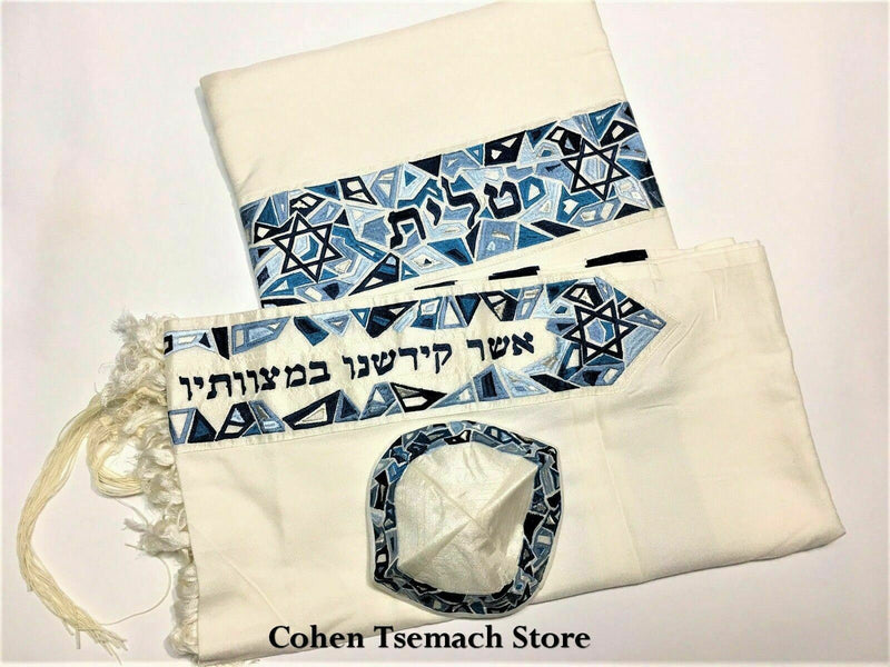 Yair Emanuel Blue Embroidered Star of David Cotton Tallit with Kippah +BAG