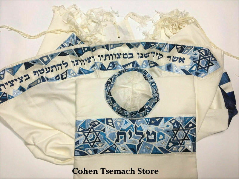 Yair Emanuel Blue Embroidered Star of David Cotton Tallit with Kippah +BAG