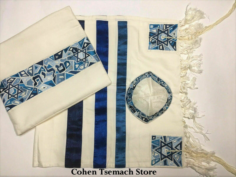 Yair Emanuel Blue Embroidered Star of David Cotton Tallit with Kippah +BAG