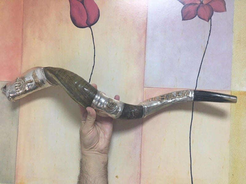 92 CM sterling silver plated polished yemenite kudu horn shofar.OLD JERUSALEM