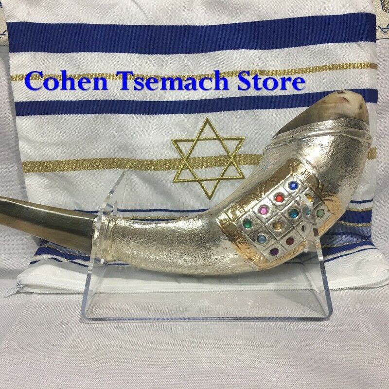 12 Tribes silver plated rams' horn shofar kosher from Holy land + Free Stand