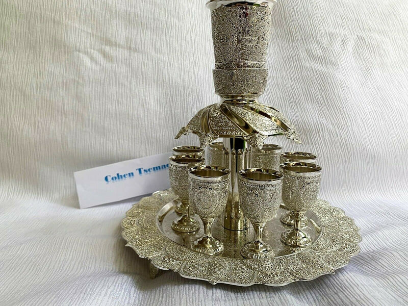 NEW Wine Fountain Divider Kiddush & 8 Goblets Filigree judaica