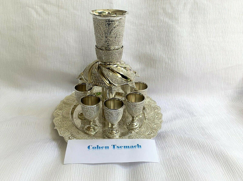 NEW Wine Fountain Divider Kiddush & 8 Goblets Filigree judaica