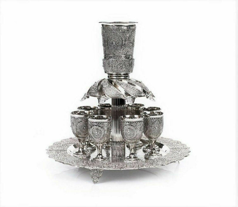 NEW Wine Fountain Divider Kiddush & 8 Goblets Filigree judaica