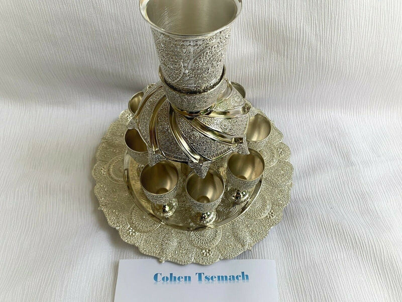 NEW Wine Fountain Divider Kiddush & 8 Goblets Filigree judaica