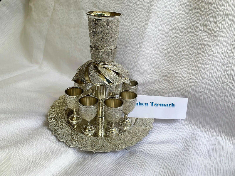 NEW Wine Fountain Divider Kiddush & 8 Goblets Filigree judaica