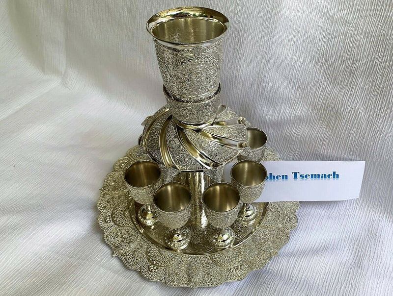 NEW Wine Fountain Divider Kiddush & 8 Goblets Filigree judaica