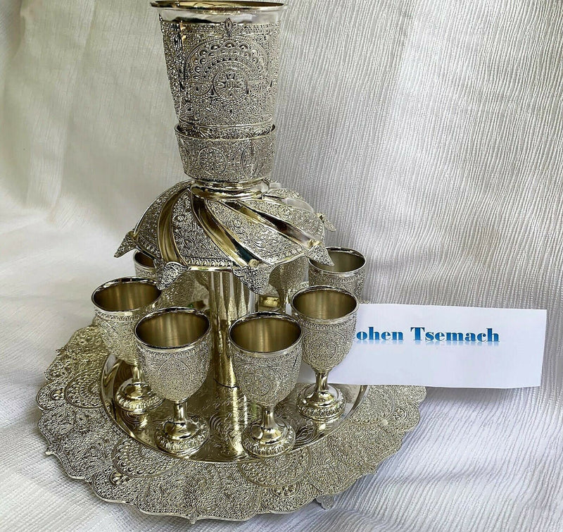 NEW Wine Fountain Divider Kiddush & 8 Goblets Filigree judaica