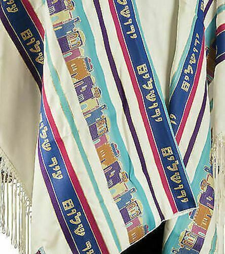 100% Wool Tallit Prayer Shawl Jerusalem Blue Size 55" L X 71" W