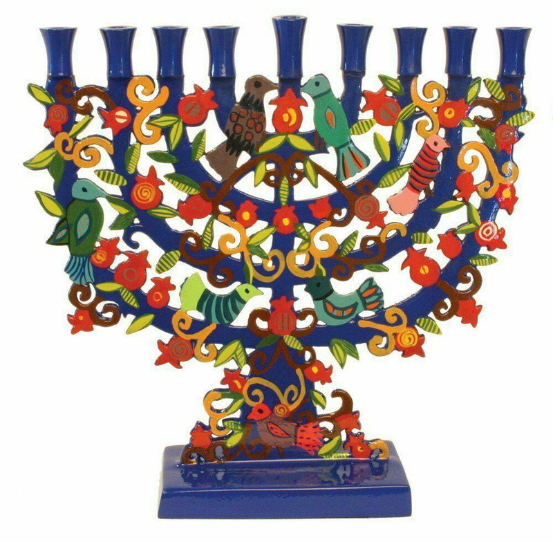 Blue Menorah with a Tree Design and Birds in Lazer BY Yair Emanuel