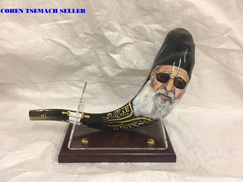 shofar 15"-17" ram horn shofar hand painted very special rabbi ovadia + stand