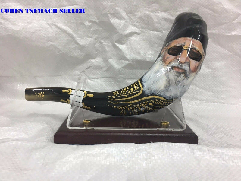 shofar 15"-17" ram horn shofar hand painted very special rabbi ovadia + stand