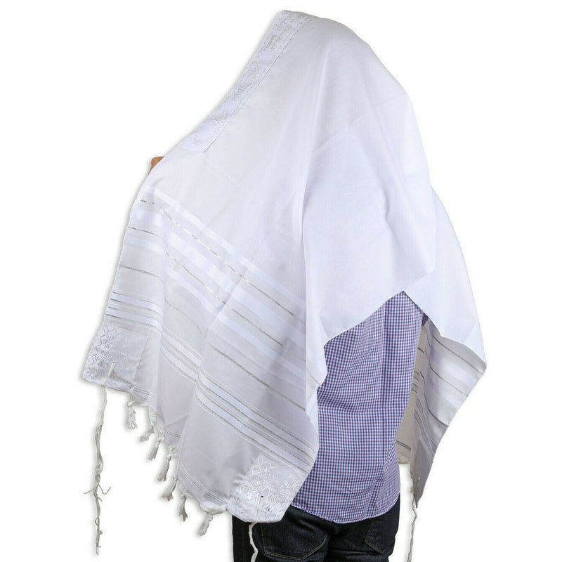 Kosher White Tallit Talis Prayer Shawl acrylic 24"X72" Made Israel silver Stripe