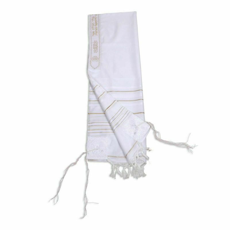 Acrylic Tallit (imitation Wool) Prayer Shawl in White and Gold Size 24" L X 72"