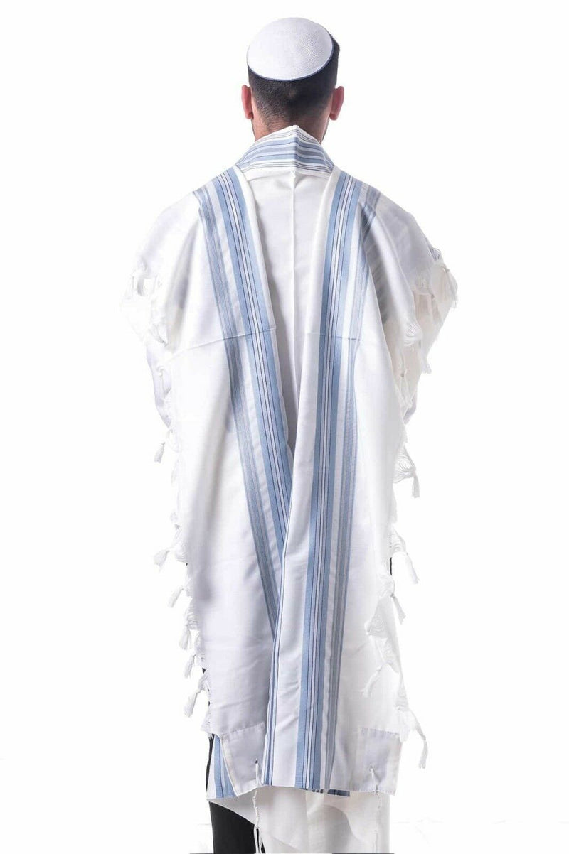 100% Kosher Wool Tallit Prayer Shawl Gvanim Tallit with Turquoise and Grey Strip