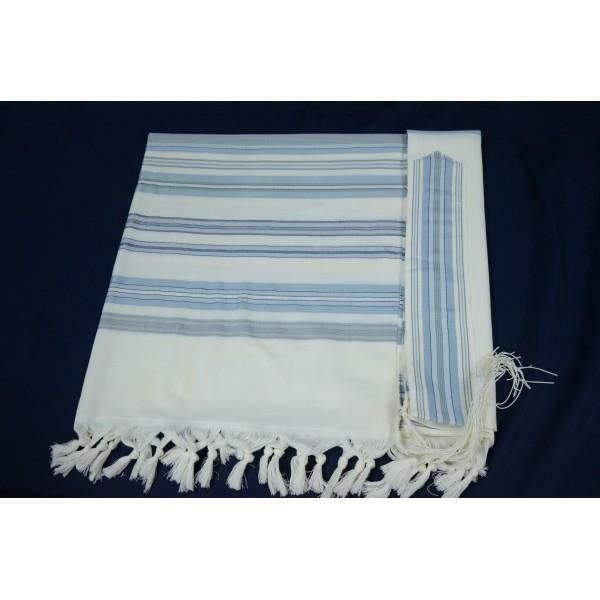 100% Kosher Wool Tallit Prayer Shawl Gvanim Tallit with Turquoise and Grey Strip