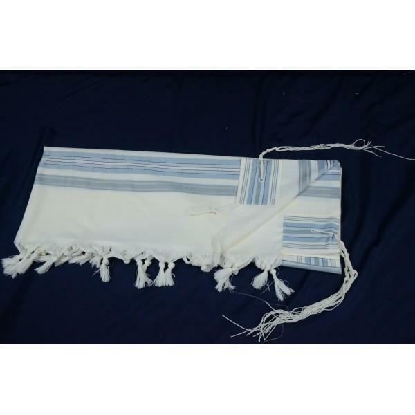 100% Kosher Wool Tallit Prayer Shawl Gvanim Tallit with Turquoise and Grey Strip