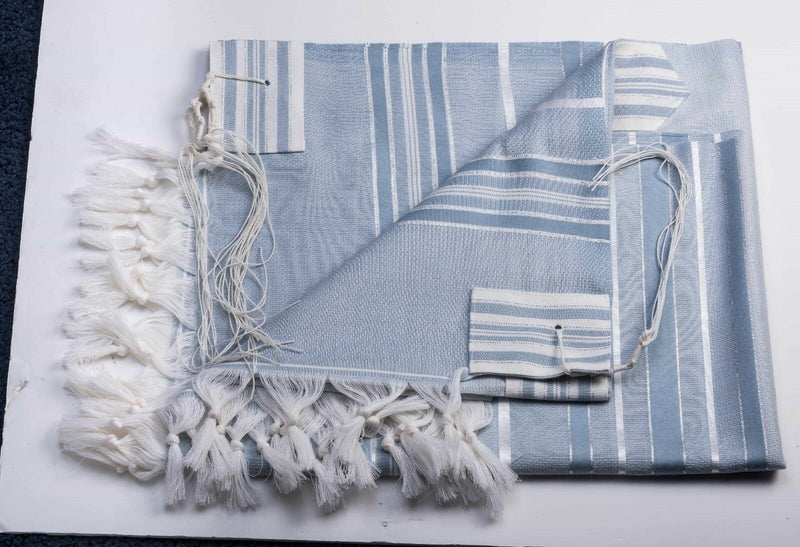 100% Kosher Wool Tallit Prayer Shawl Sapir Tallit withTurquoise and Blue Stripes