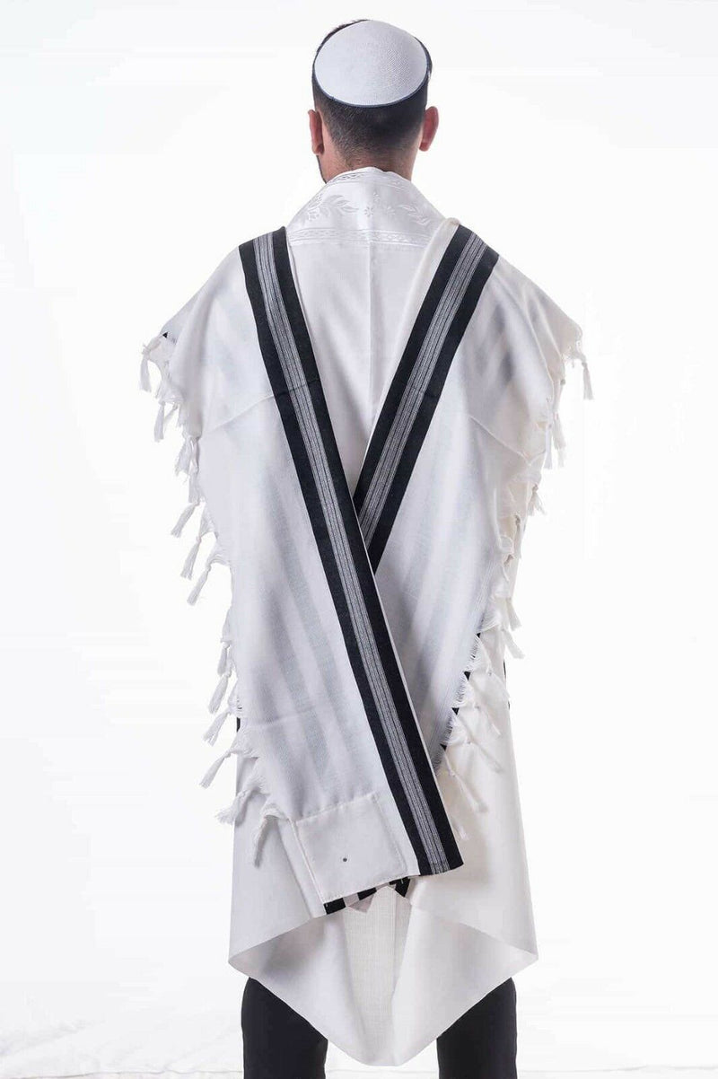 100% Kosher Wool Tallit Prayer Shawl Pe’er Tallit with Black Stripes