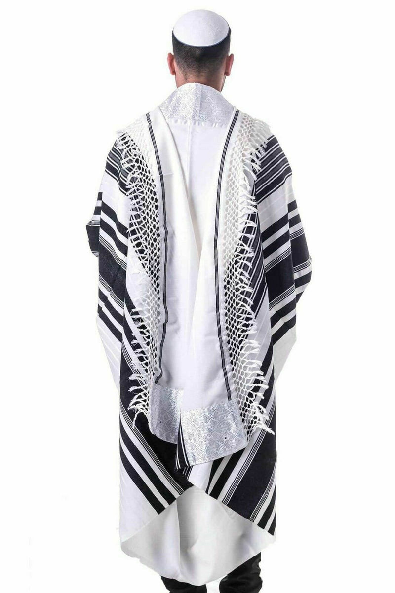 100% Kosher Wool Tallit Prayer Shawl Yemenite with Black Stripes and White Atara