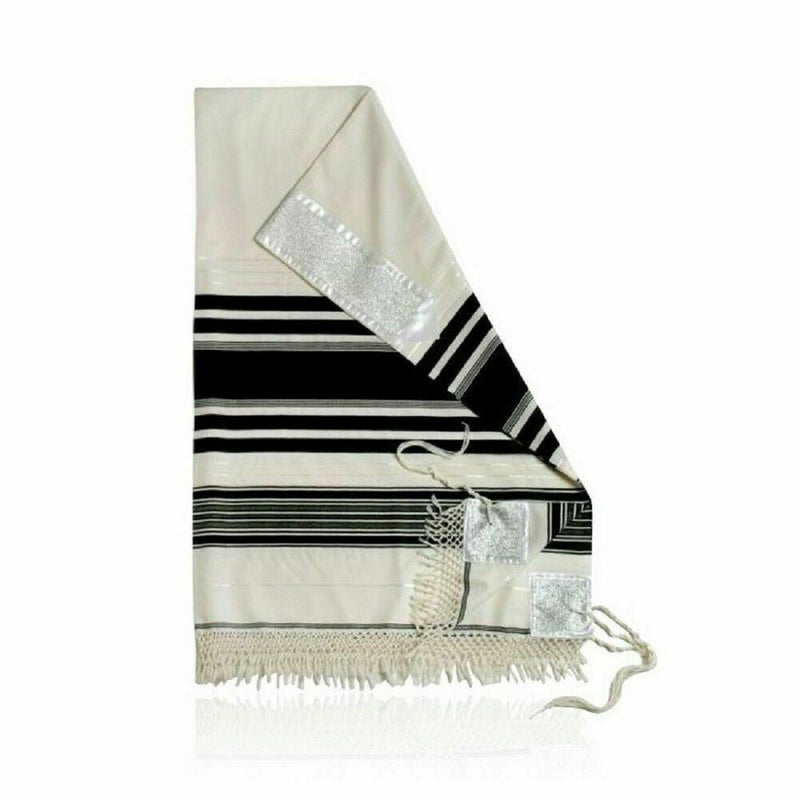 100% Kosher Wool Tallit Prayer Shawl Yemenite with Black Stripes and White Atara