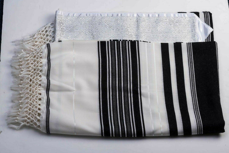 100% Kosher Wool Tallit Prayer Shawl Yemenite with Black Stripes and White Atara