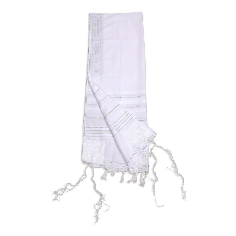 Kosher White Tallit Talis Prayer Shawl acrylic 47"X66" Made Israel silver Stripe