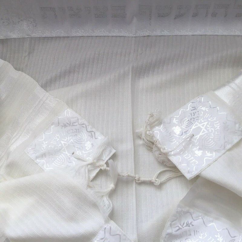 New 100% Wool Tallit Prayer Shawl Meron White Size 47"L X 67" W Kosher Talitania