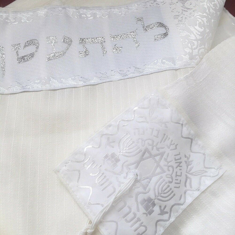 New 100% Wool Tallit Prayer Shawl Meron White Size 47"L X 67" W Kosher Talitania