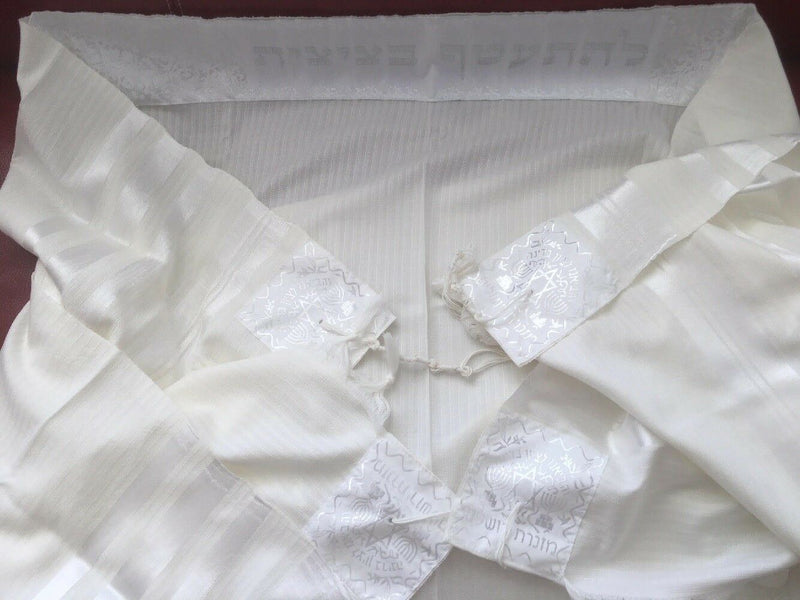 New 100% Wool Tallit Prayer Shawl Meron White Size 55" L X 71" Kosher Talitania