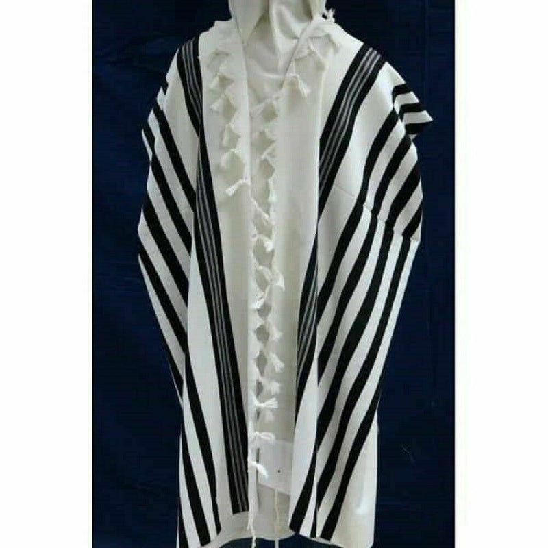 100% lana Kosher mantón de oración Tallit Prima AA a rayas negras y plateadas